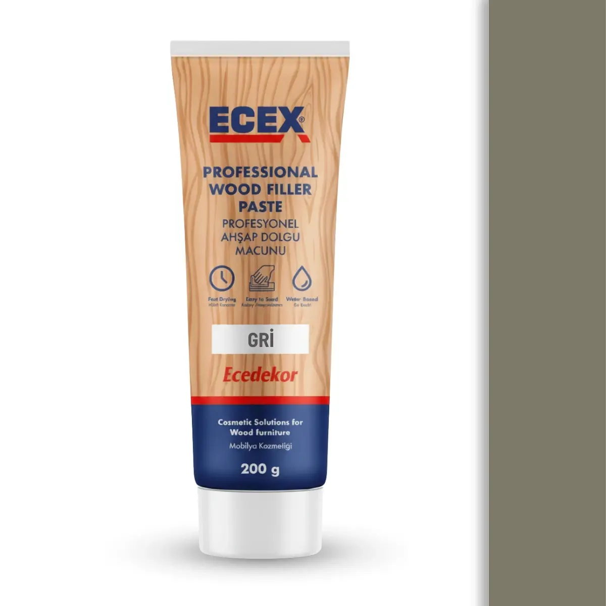 Ahşap Tamir Macunu 200 gr Tüp | ECEX - Çatlak Delik Dolgu Macunu Gri