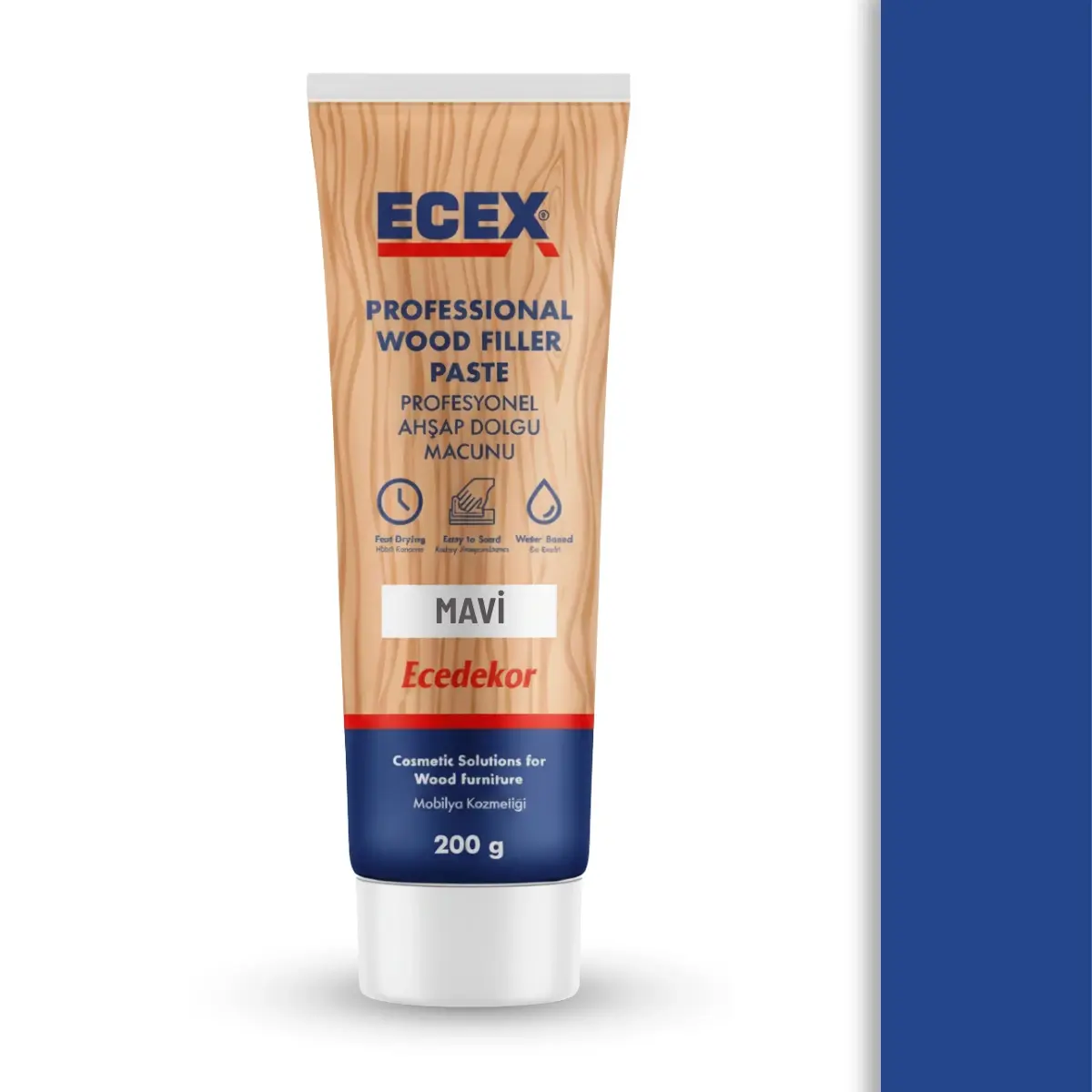 Ahşap Tamir Macunu 200 gr Tüp | ECEX - Çatlak Delik Dolgu Macunu Mavi